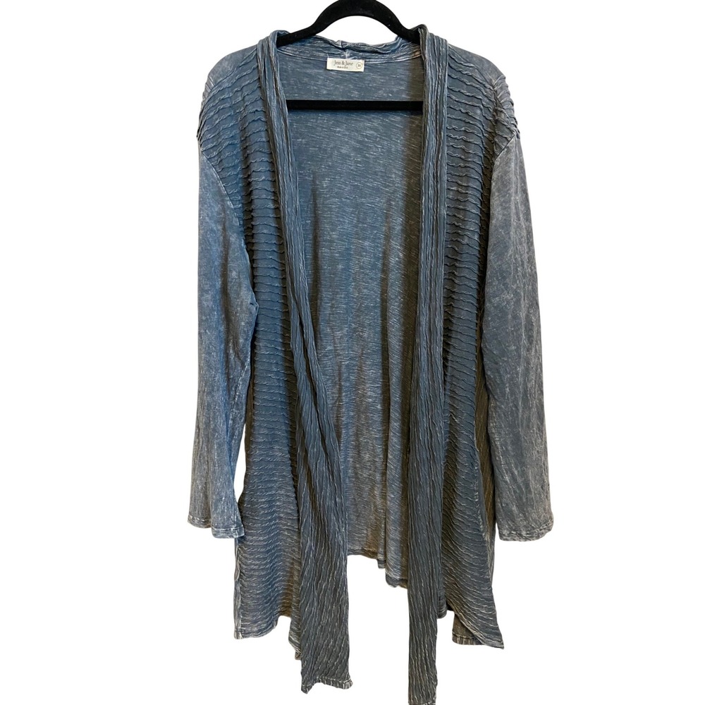 Jess & Jane Womens‎ 3X Blue Mineral Wash Open Front Cardigan Textured